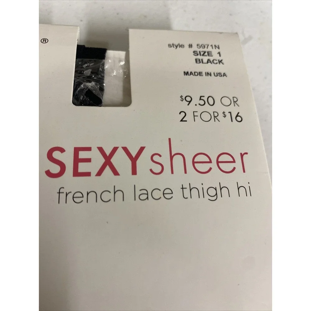 Hue Womens Size 1 French Lace Thigh High Pantyhose Sexy Sheer Black 5971N